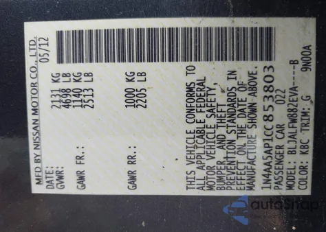 2012 Nissan Maxima 3.5 Sv z USA, uszkodzony, nr VIN 1N4AA5AP1CC853803